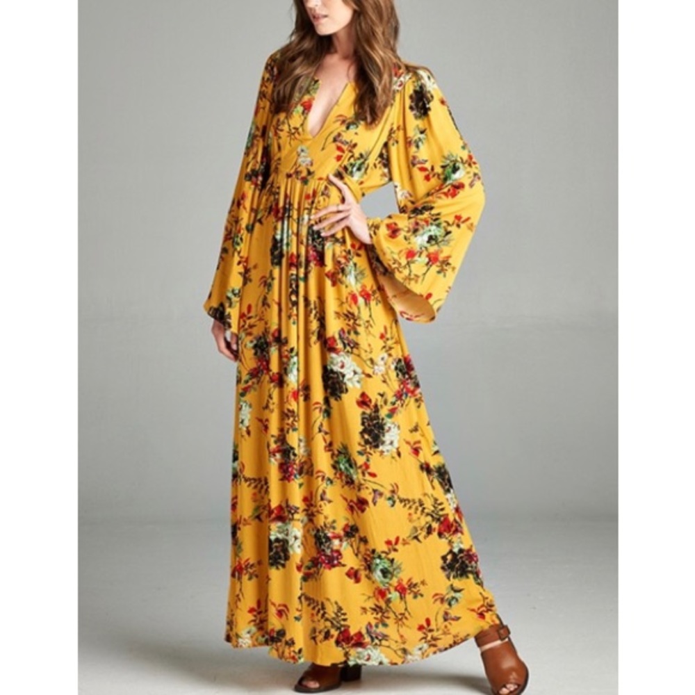 ✨Arrives Soon✨Yellow Floral Bell Sleeve Maxi Dress